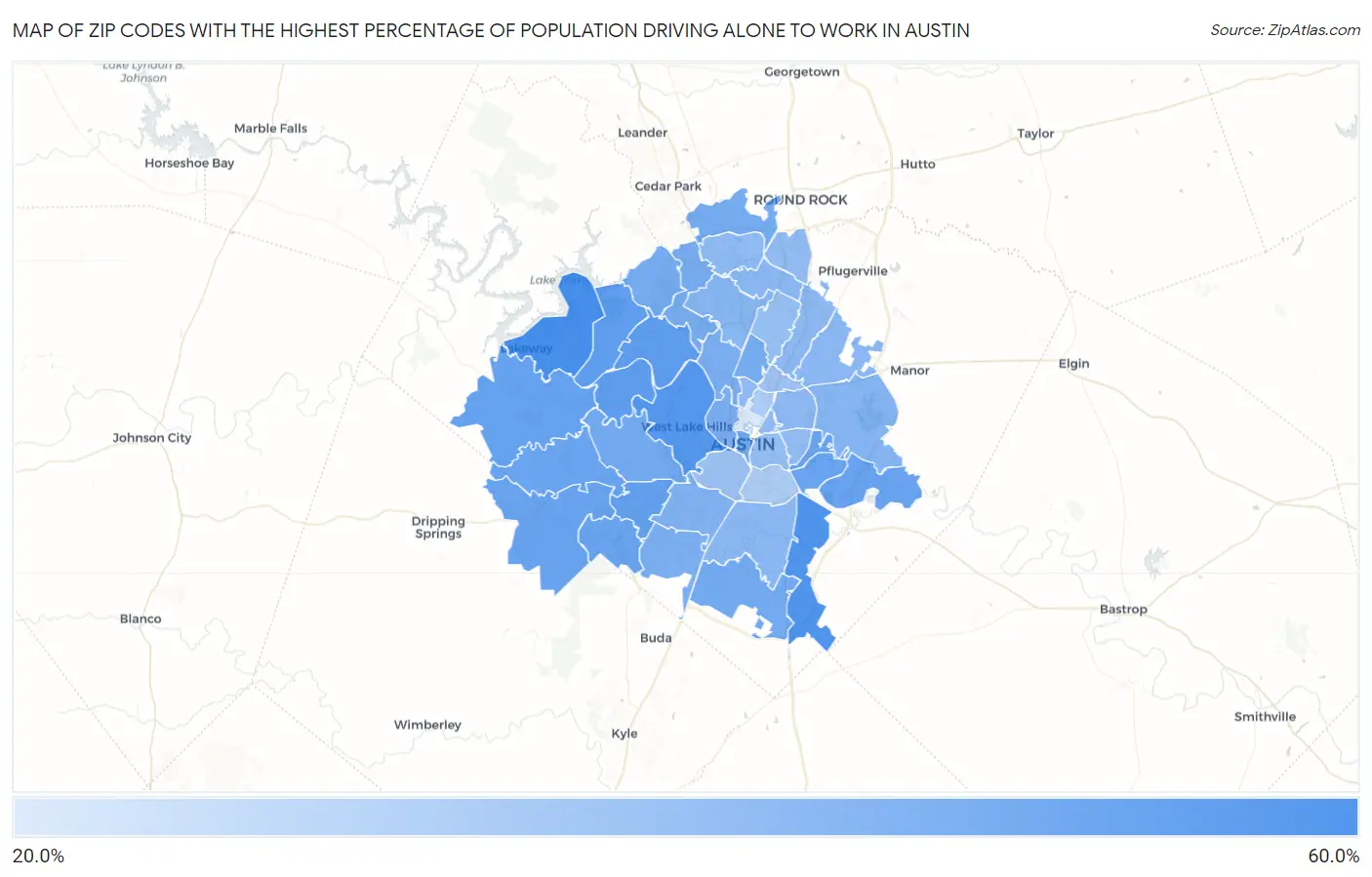 Zip Codes with the Highest Percentage of Population Driving Alone to Work in Austin Map