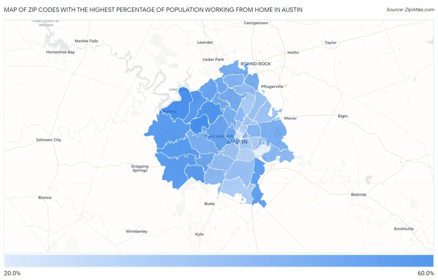 Zip Codes with the Highest Percentage of Population Working from Home in Austin Map