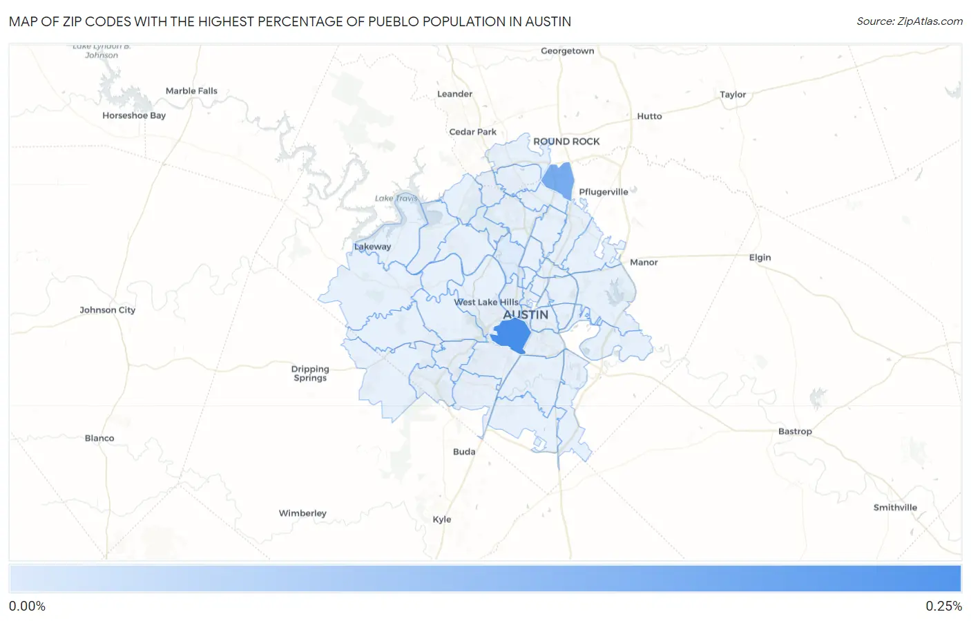 Zip Codes with the Highest Percentage of Pueblo Population in Austin Map