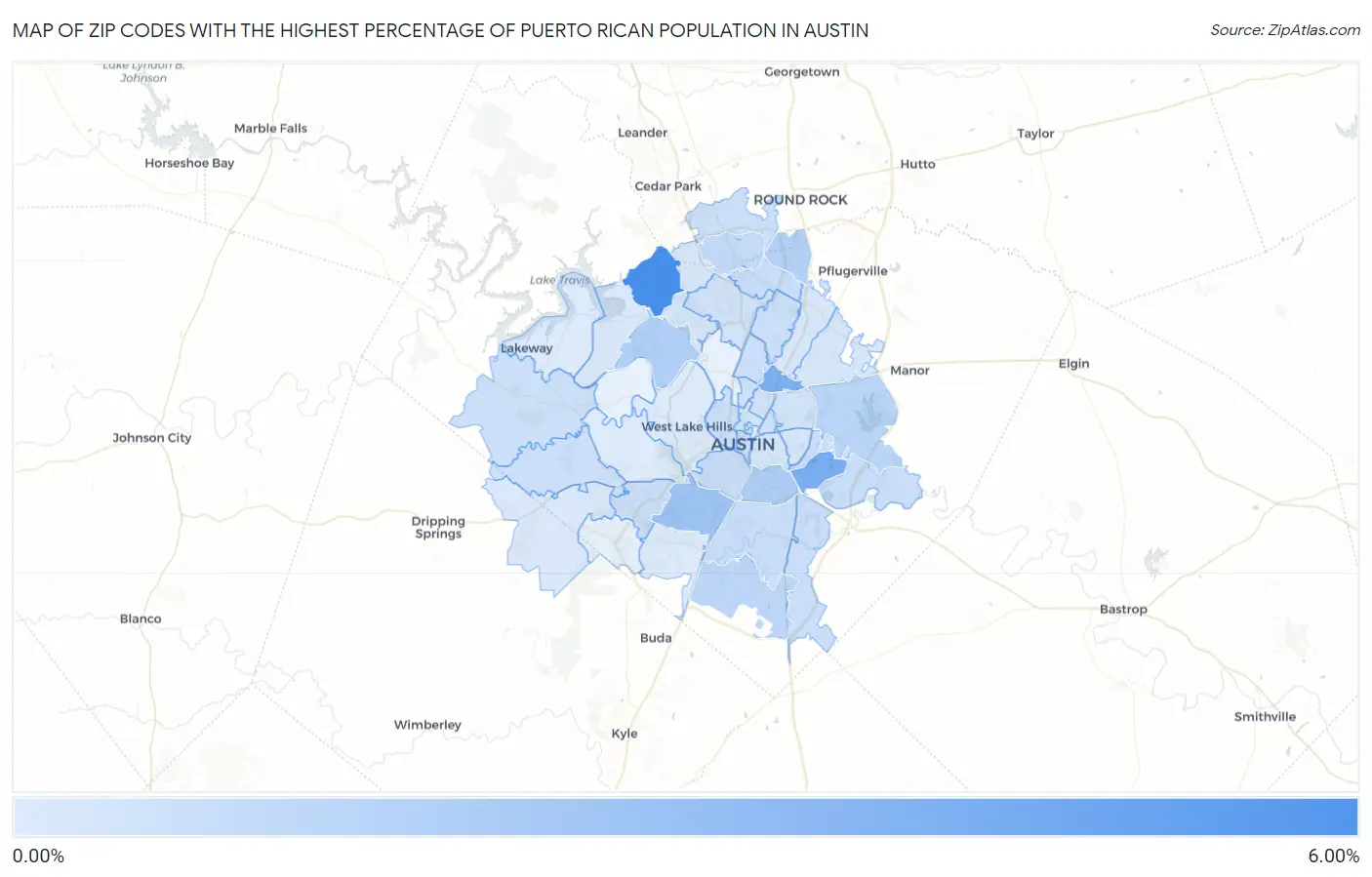 Zip Codes with the Highest Percentage of Puerto Rican Population in Austin Map