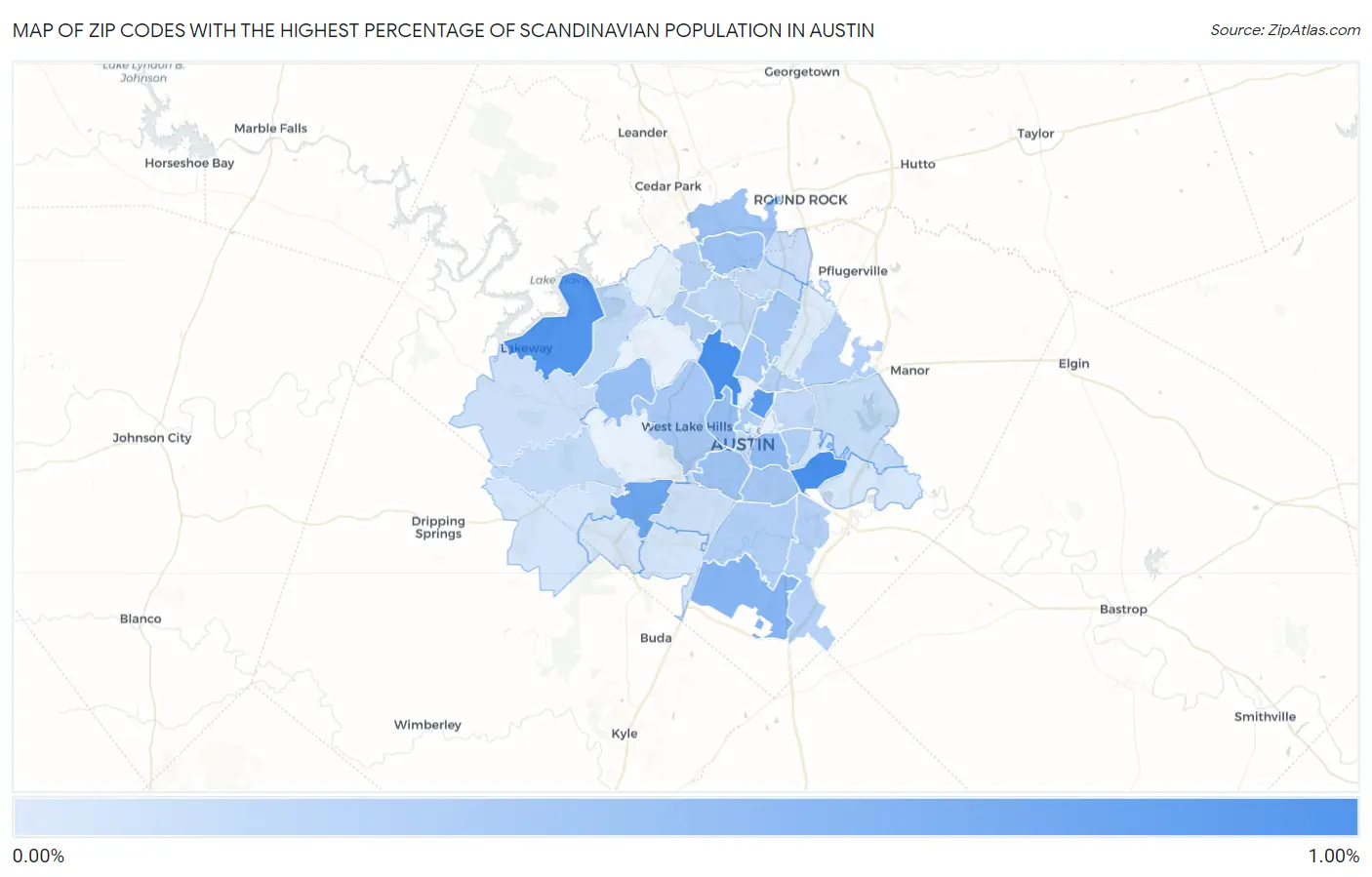 Zip Codes with the Highest Percentage of Scandinavian Population in Austin Map