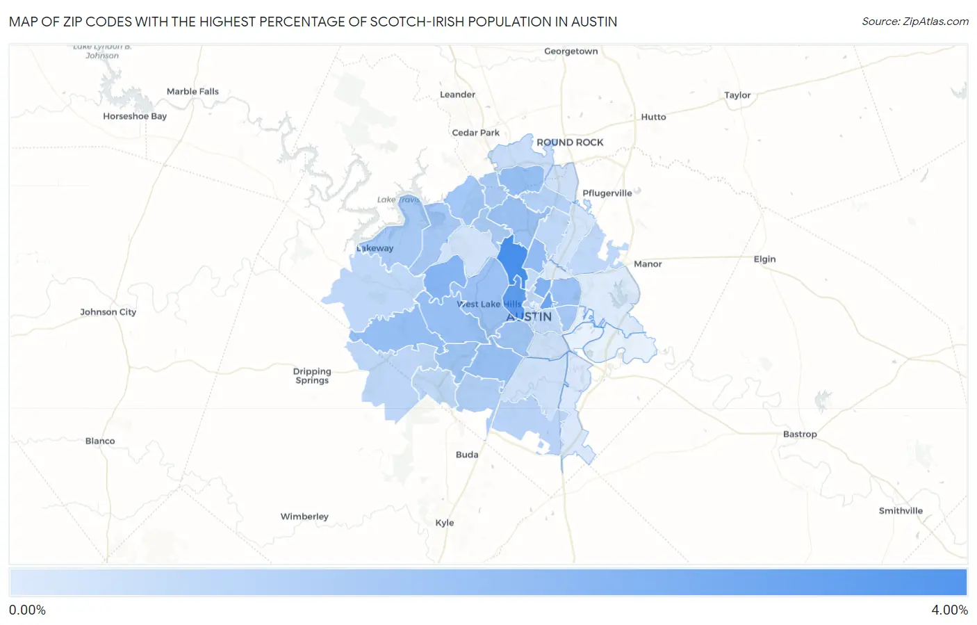 Zip Codes with the Highest Percentage of Scotch-Irish Population in Austin Map