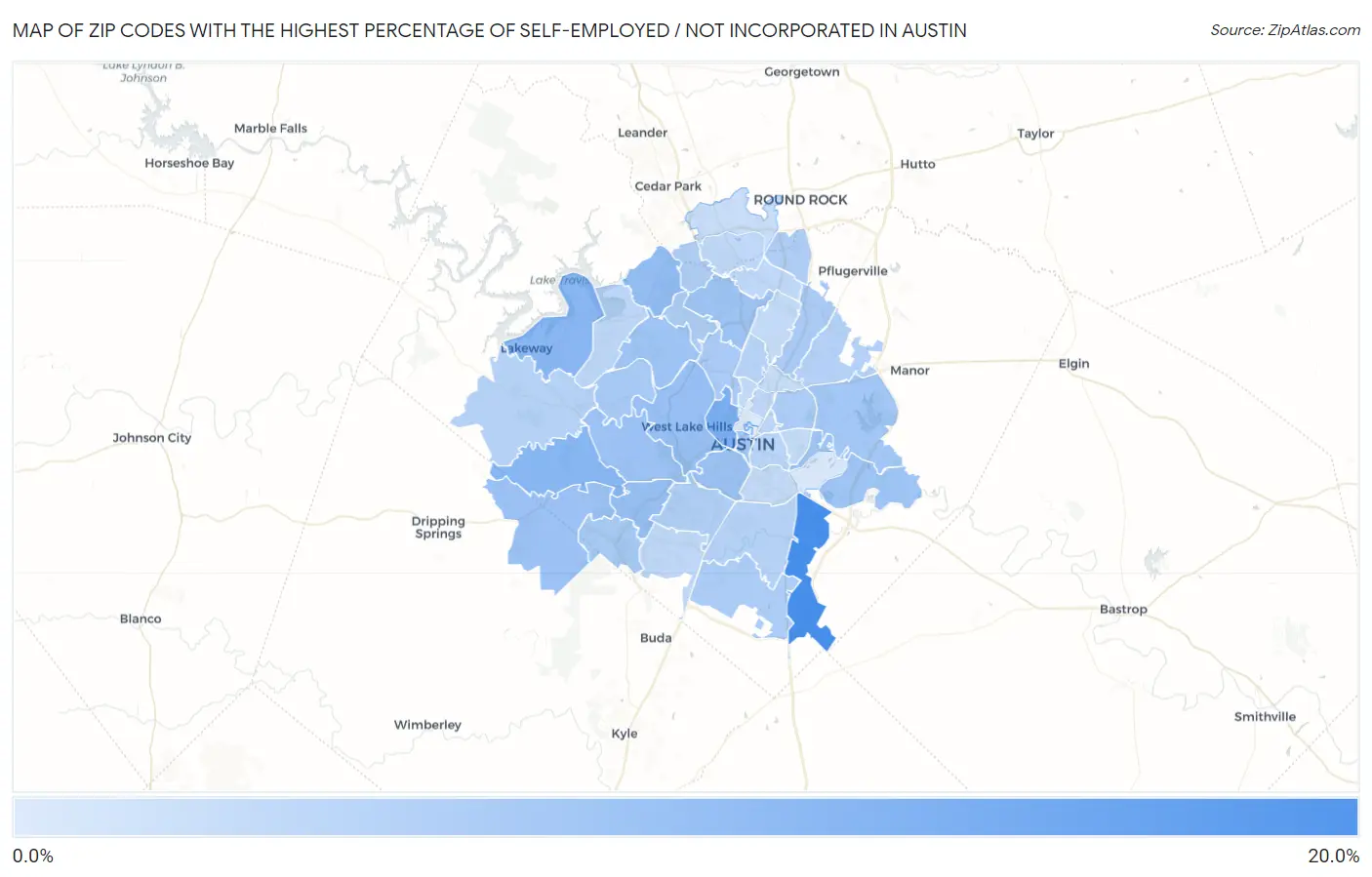 Zip Codes with the Highest Percentage of Self-Employed / Not Incorporated in Austin Map