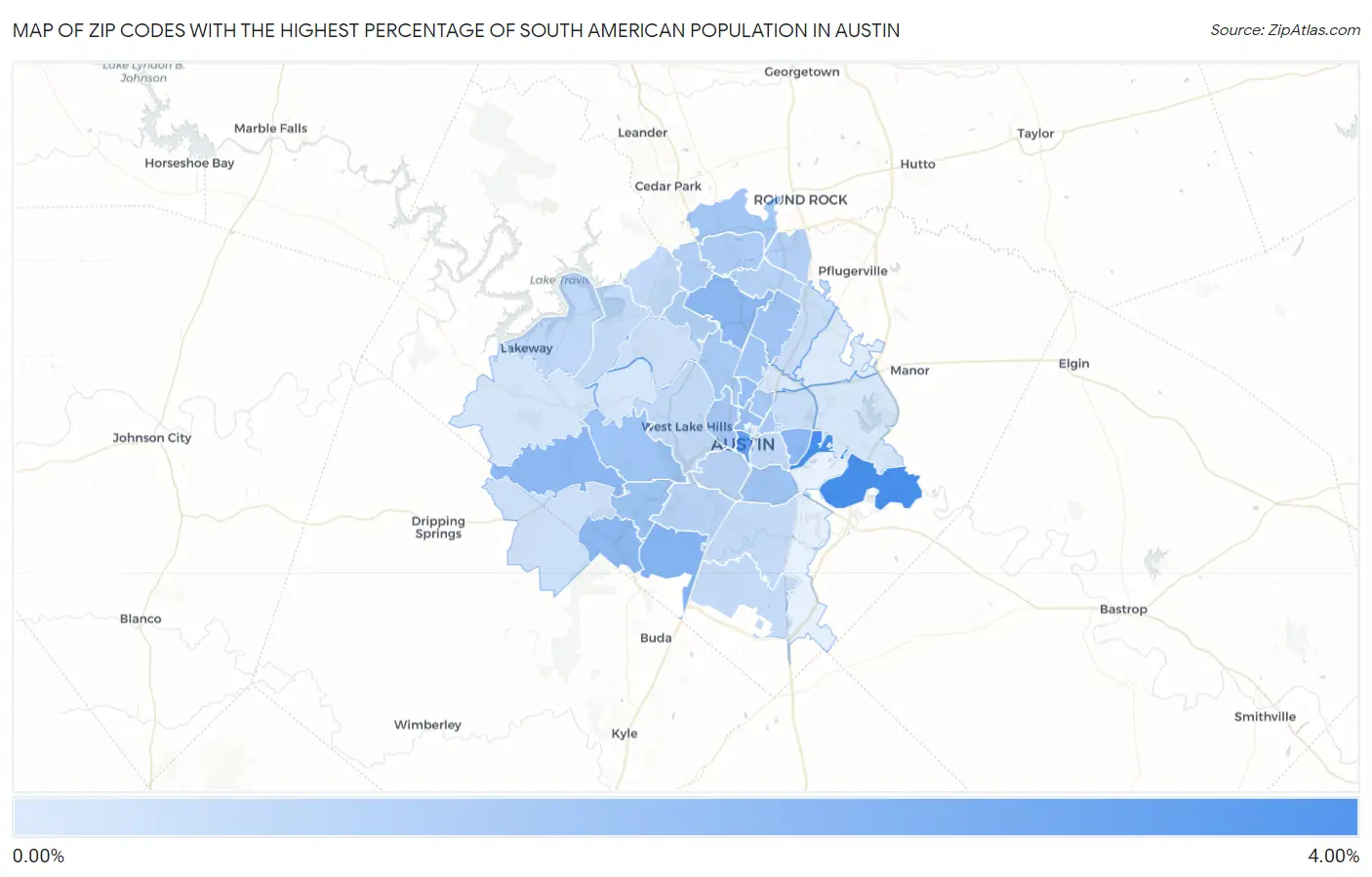 Zip Codes with the Highest Percentage of South American Population in Austin Map