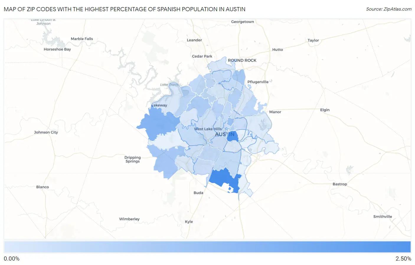 Zip Codes with the Highest Percentage of Spanish Population in Austin Map