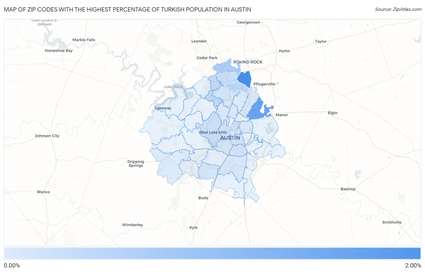 Zip Codes with the Highest Percentage of Turkish Population in Austin Map