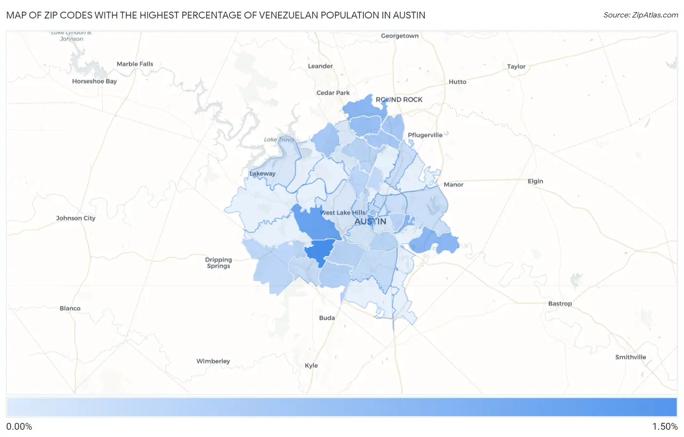 Zip Codes with the Highest Percentage of Venezuelan Population in Austin Map