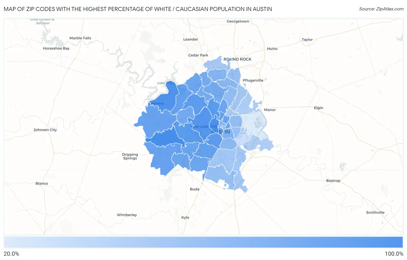 Zip Codes with the Highest Percentage of White / Caucasian Population in Austin Map