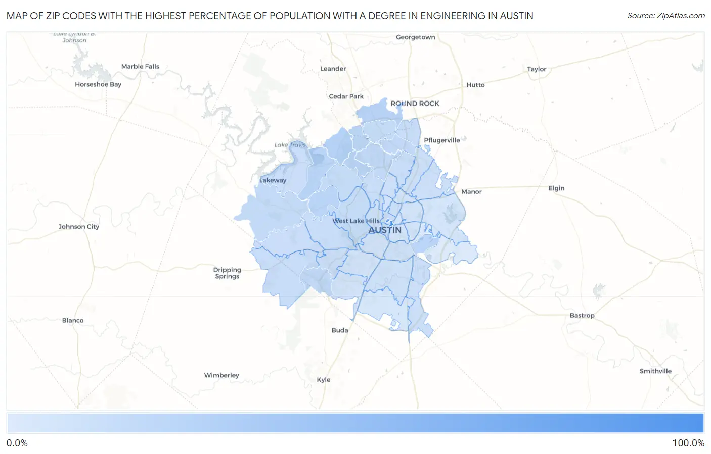 Zip Codes with the Highest Percentage of Population with a Degree in Engineering in Austin Map