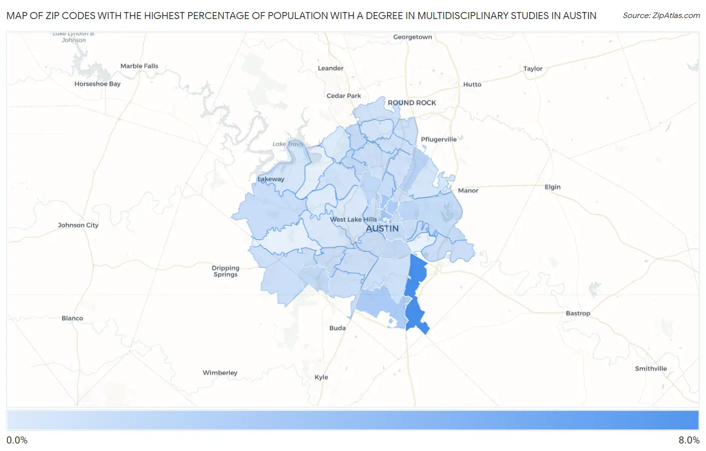 Zip Codes with the Highest Percentage of Population with a Degree in Multidisciplinary Studies in Austin Map