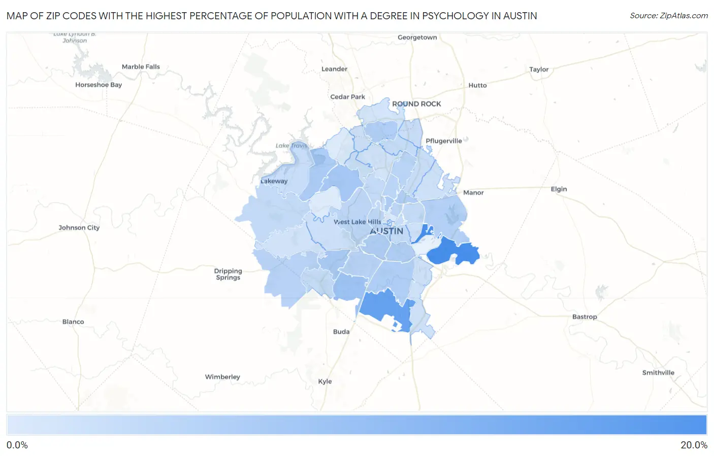Zip Codes with the Highest Percentage of Population with a Degree in Psychology in Austin Map