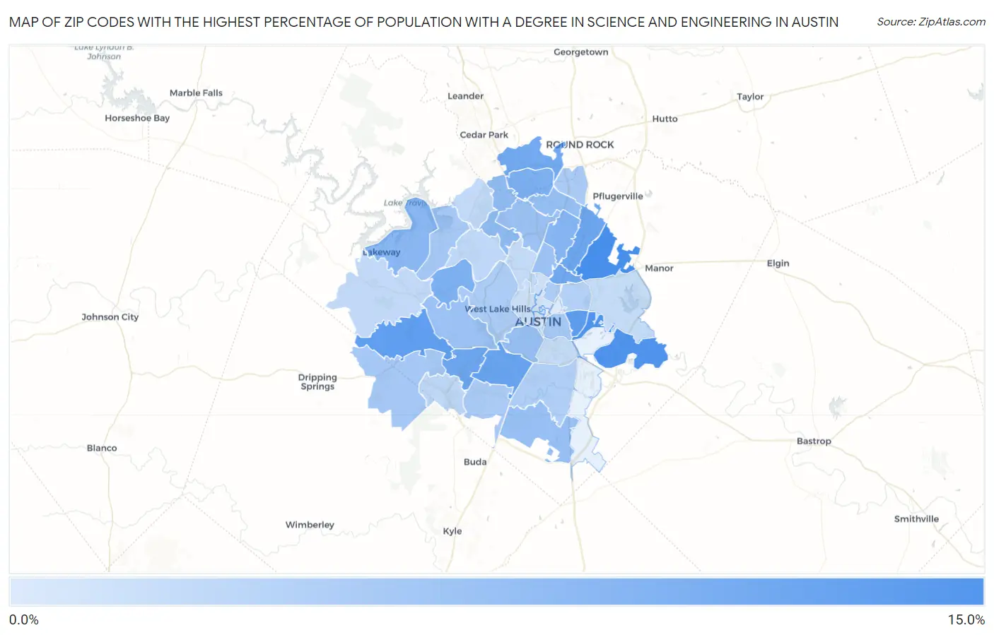 Zip Codes with the Highest Percentage of Population with a Degree in Science and Engineering in Austin Map