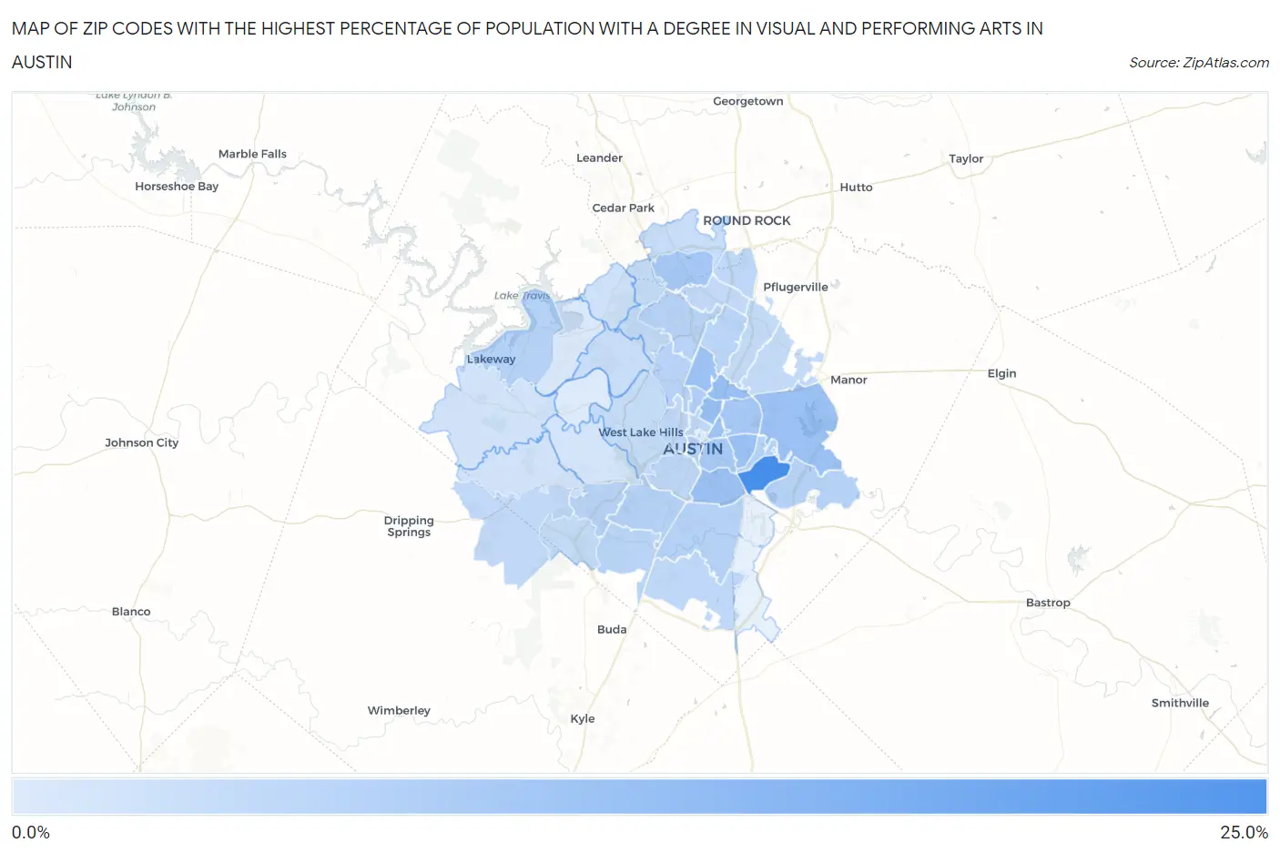 Zip Codes with the Highest Percentage of Population with a Degree in Visual and Performing Arts in Austin Map