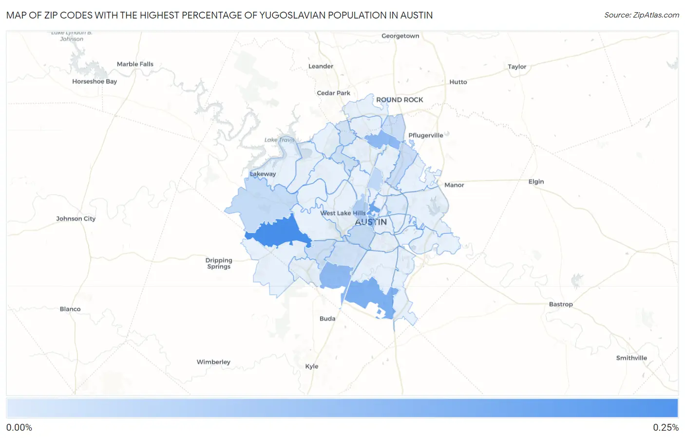 Zip Codes with the Highest Percentage of Yugoslavian Population in Austin Map