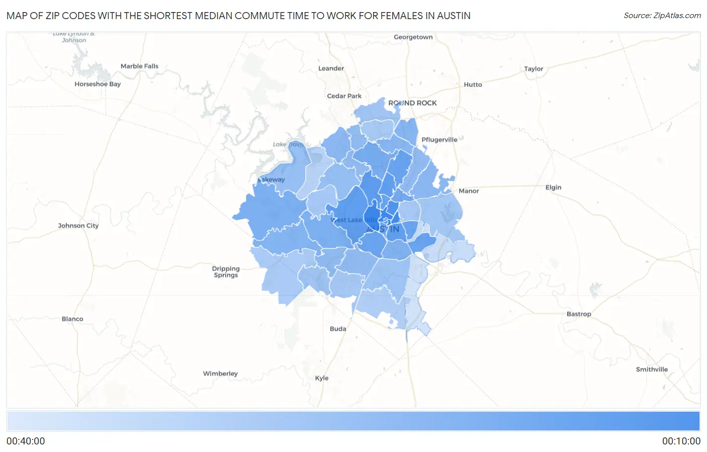Zip Codes with the Shortest Median Commute Time to Work for Females in Austin Map