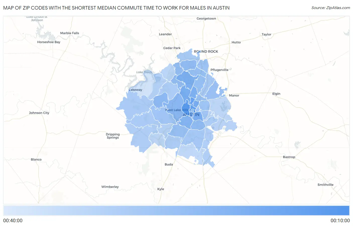 Zip Codes with the Shortest Median Commute Time to Work for Males in Austin Map