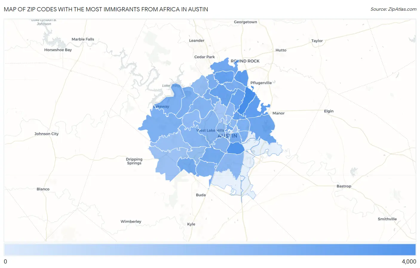 Zip Codes with the Most Immigrants from Africa in Austin Map