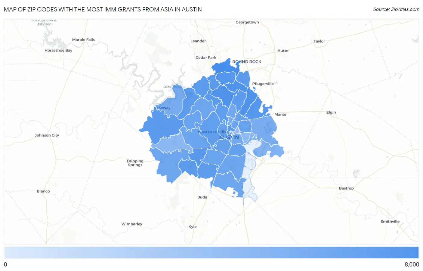 Zip Codes with the Most Immigrants from Asia in Austin Map