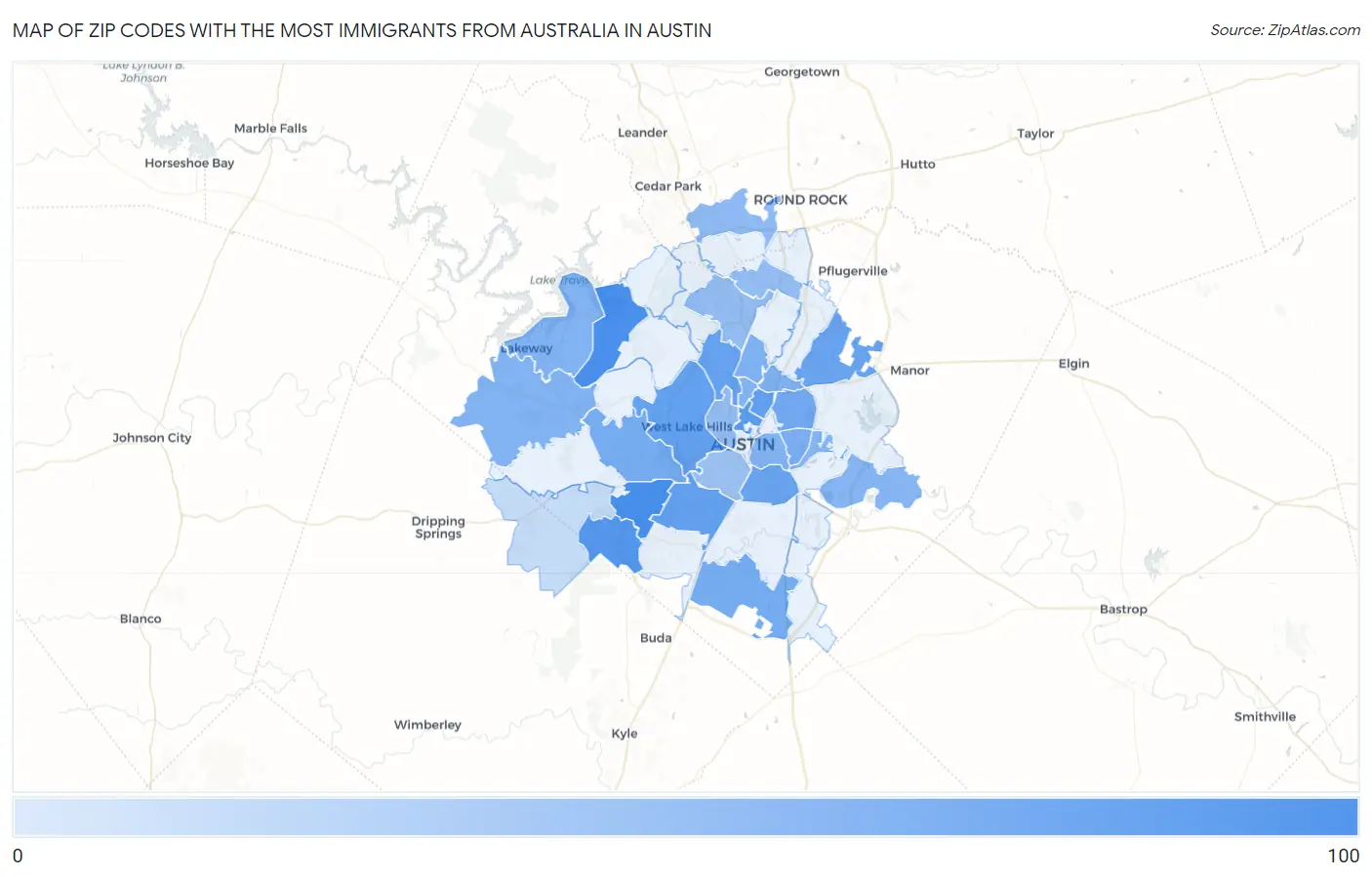 Zip Codes with the Most Immigrants from Australia in Austin Map