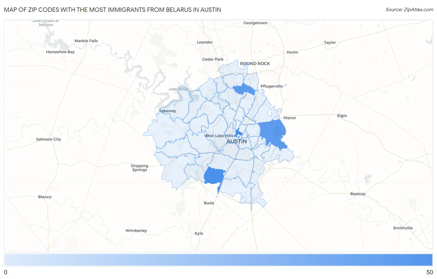 Zip Codes with the Most Immigrants from Belarus in Austin Map