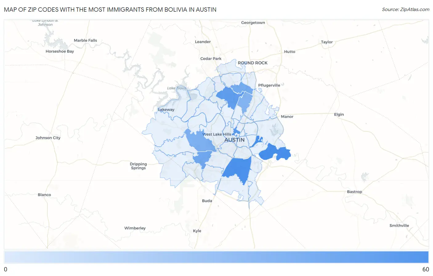 Zip Codes with the Most Immigrants from Bolivia in Austin Map