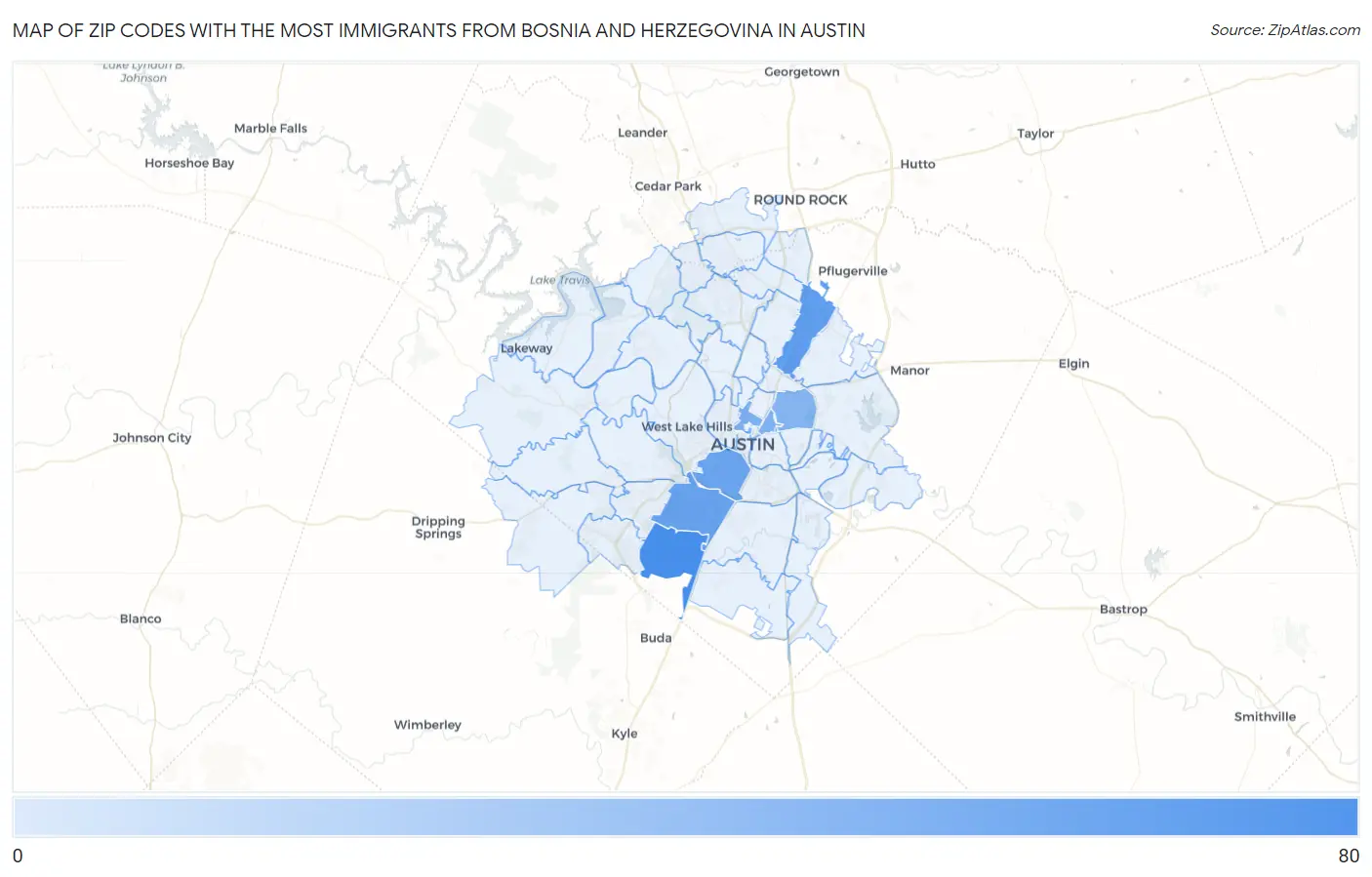Zip Codes with the Most Immigrants from Bosnia and Herzegovina in Austin Map
