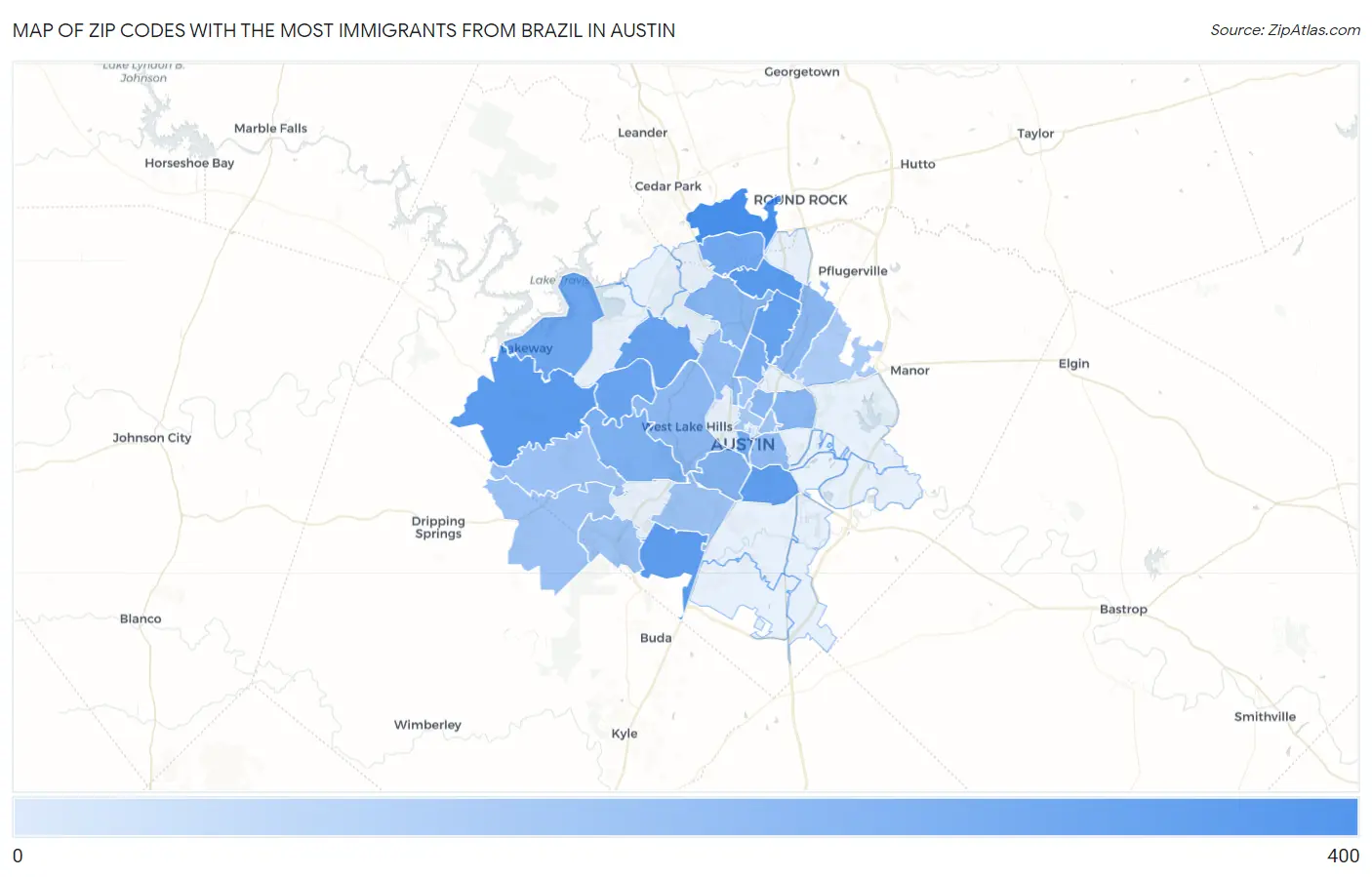 Zip Codes with the Most Immigrants from Brazil in Austin Map