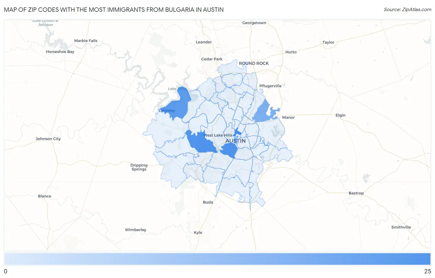 Zip Codes with the Most Immigrants from Bulgaria in Austin Map
