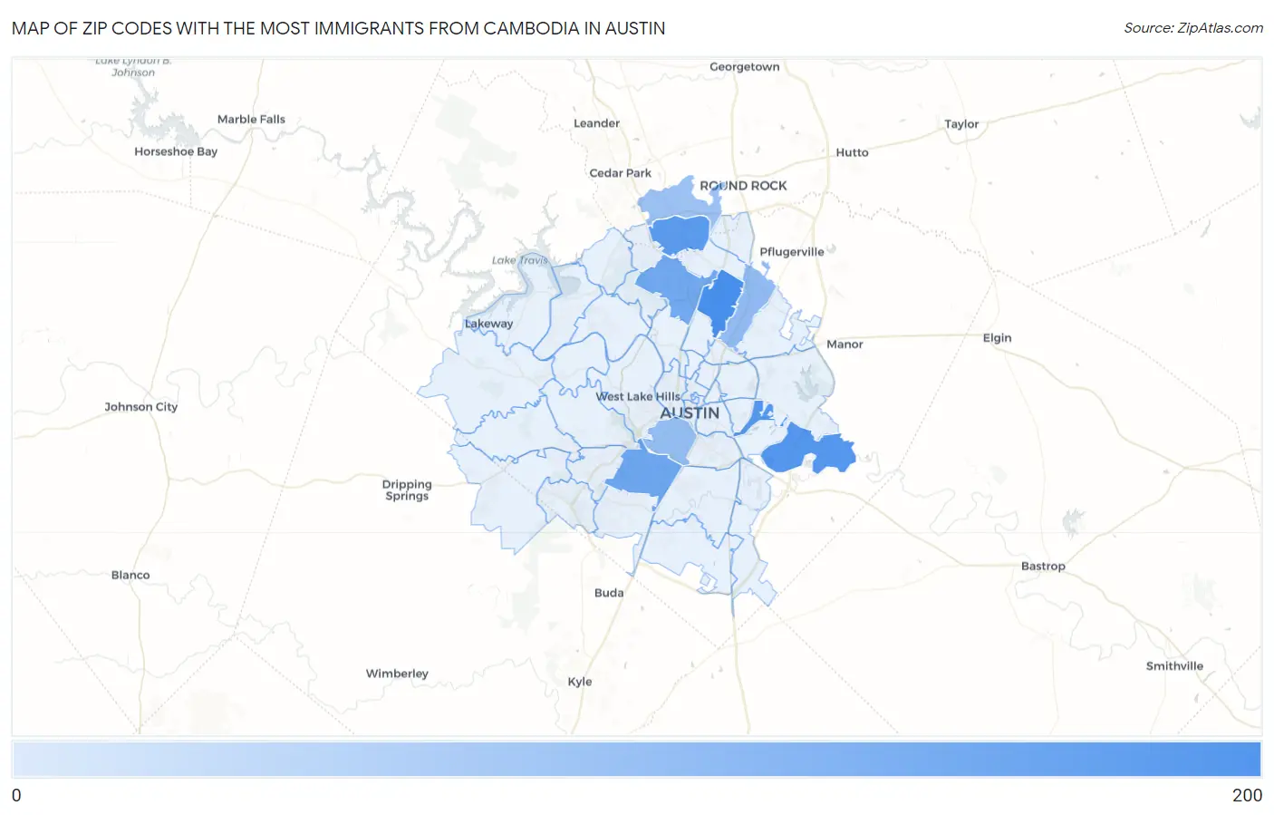 Zip Codes with the Most Immigrants from Cambodia in Austin Map