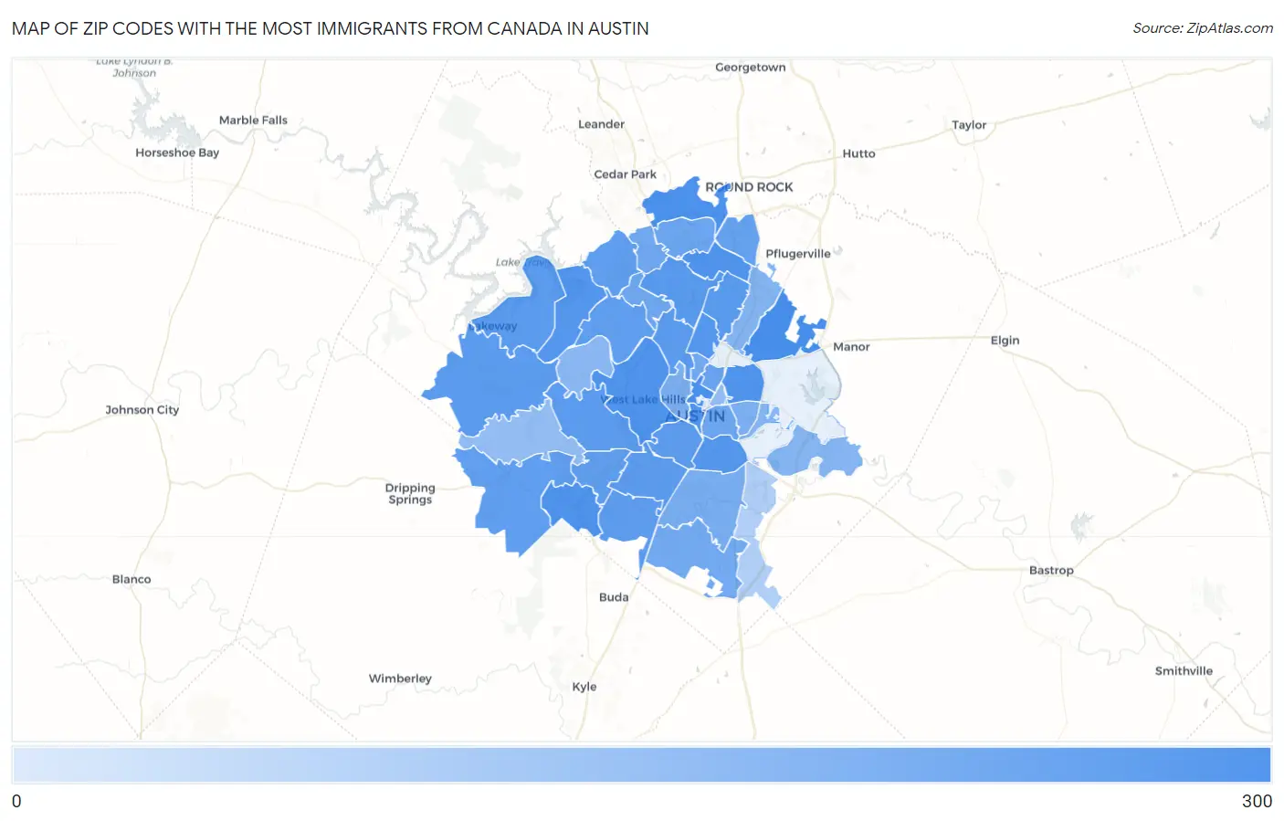Zip Codes with the Most Immigrants from Canada in Austin Map
