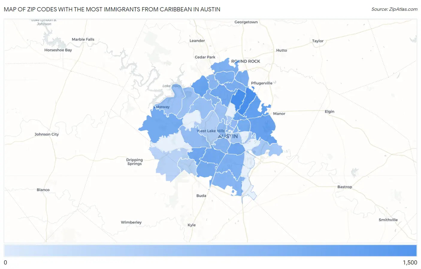 Zip Codes with the Most Immigrants from Caribbean in Austin Map