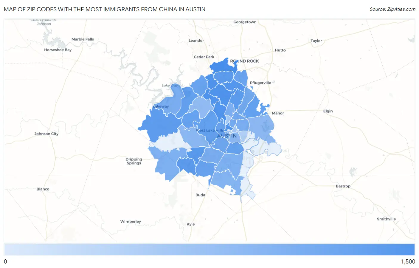 Zip Codes with the Most Immigrants from China in Austin Map