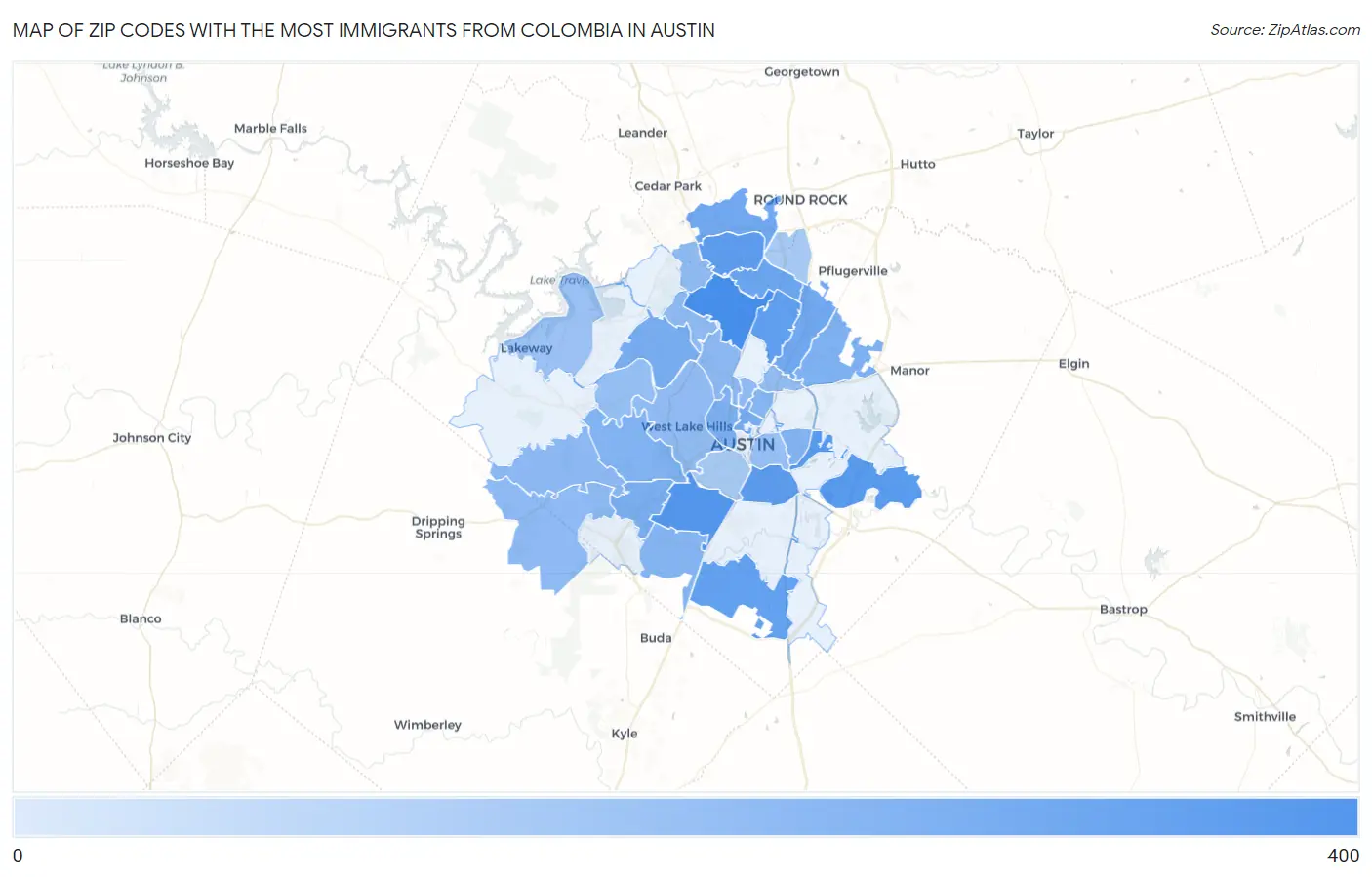Zip Codes with the Most Immigrants from Colombia in Austin Map