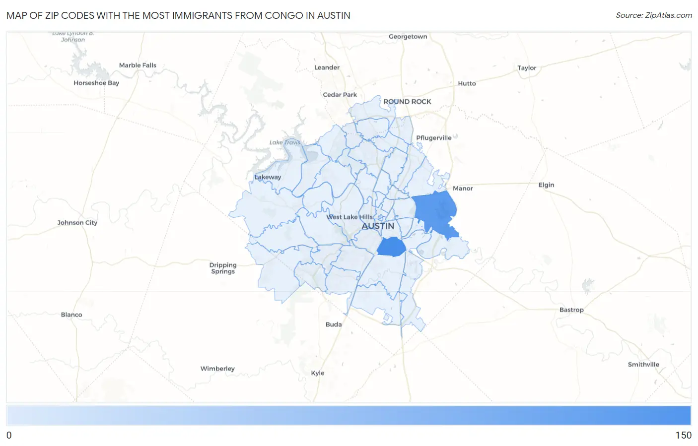 Zip Codes with the Most Immigrants from Congo in Austin Map
