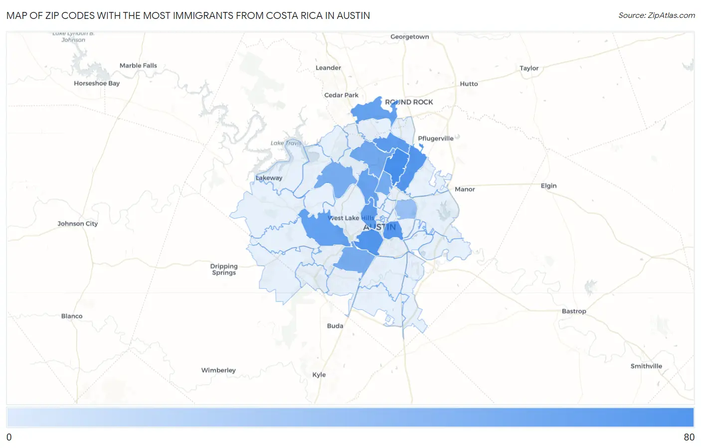 Zip Codes with the Most Immigrants from Costa Rica in Austin Map