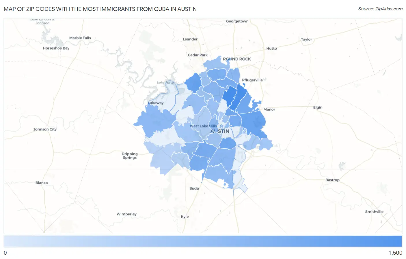 Zip Codes with the Most Immigrants from Cuba in Austin Map
