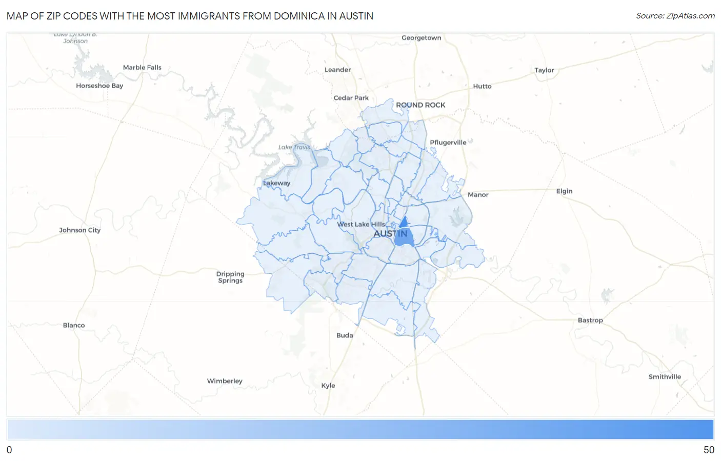 Zip Codes with the Most Immigrants from Dominica in Austin Map