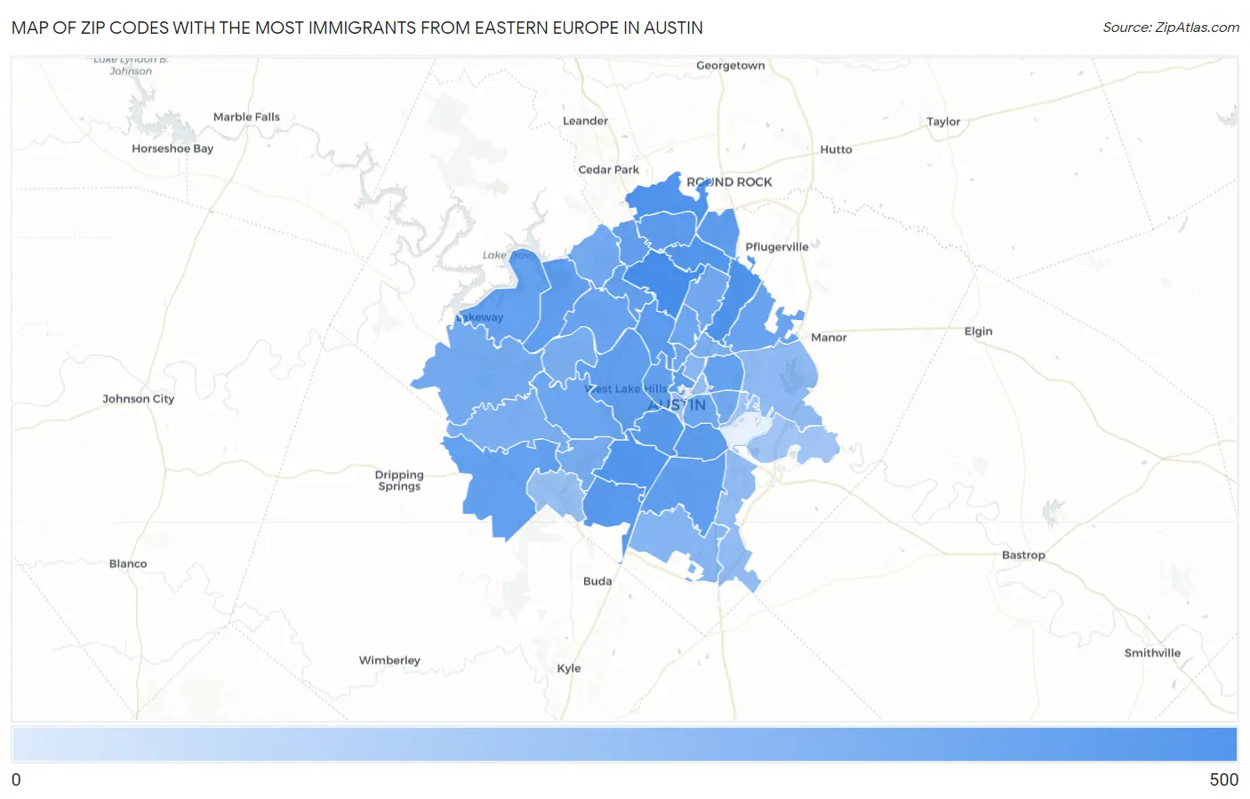 Zip Codes with the Most Immigrants from Eastern Europe in Austin Map
