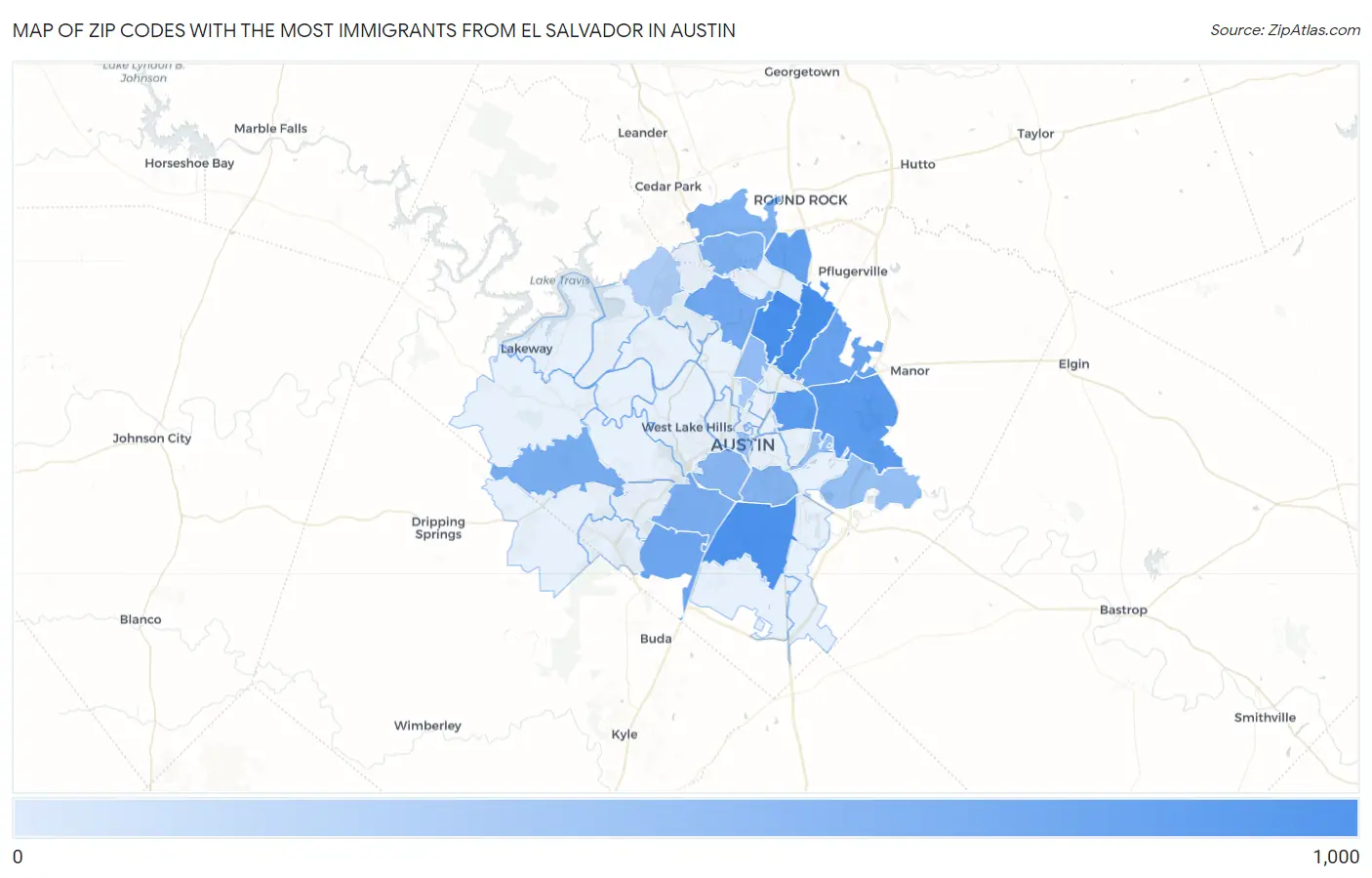 Zip Codes with the Most Immigrants from El Salvador in Austin Map