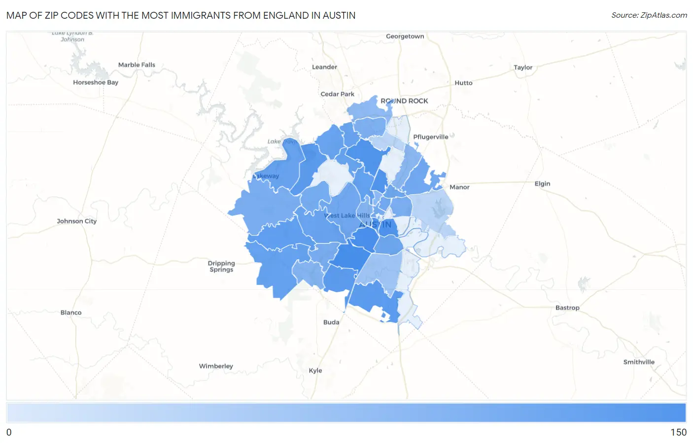 Zip Codes with the Most Immigrants from England in Austin Map