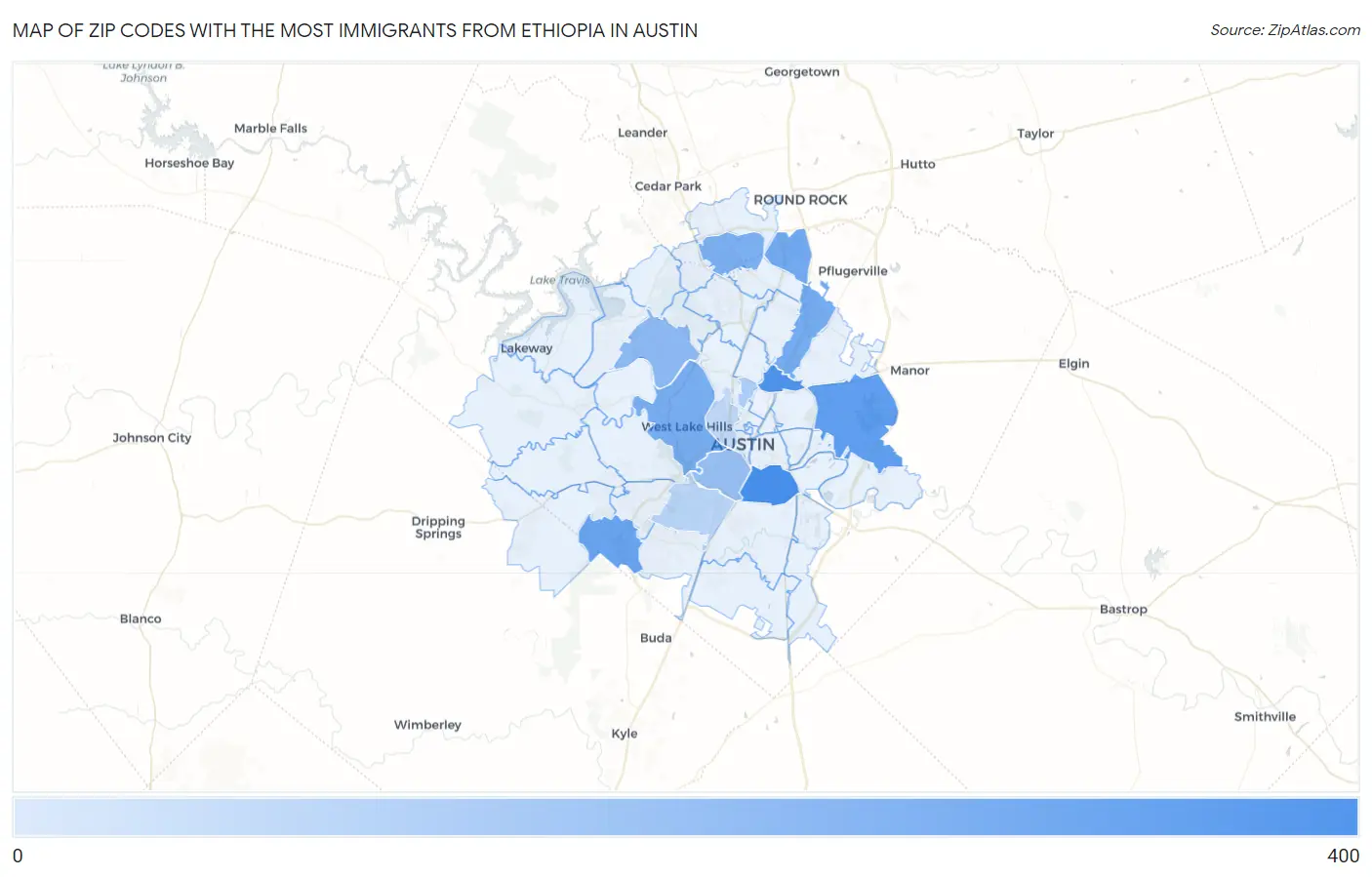 Zip Codes with the Most Immigrants from Ethiopia in Austin Map