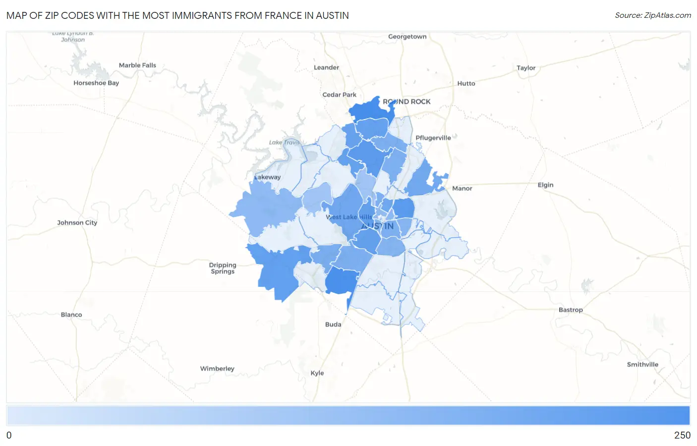 Zip Codes with the Most Immigrants from France in Austin Map