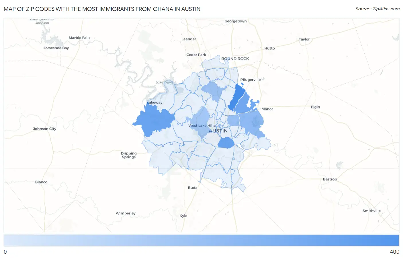 Zip Codes with the Most Immigrants from Ghana in Austin Map