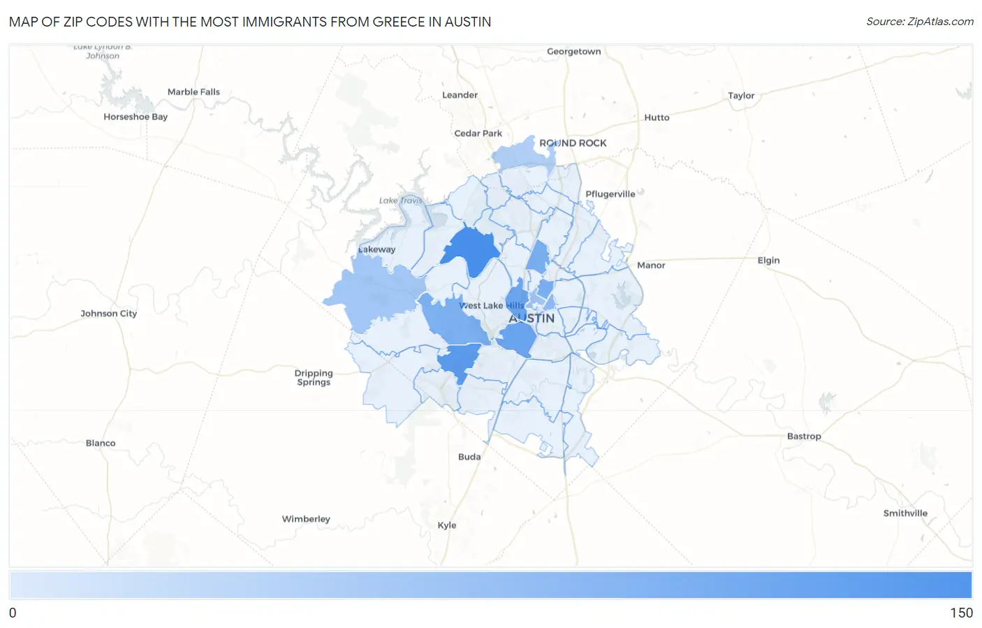 Zip Codes with the Most Immigrants from Greece in Austin Map