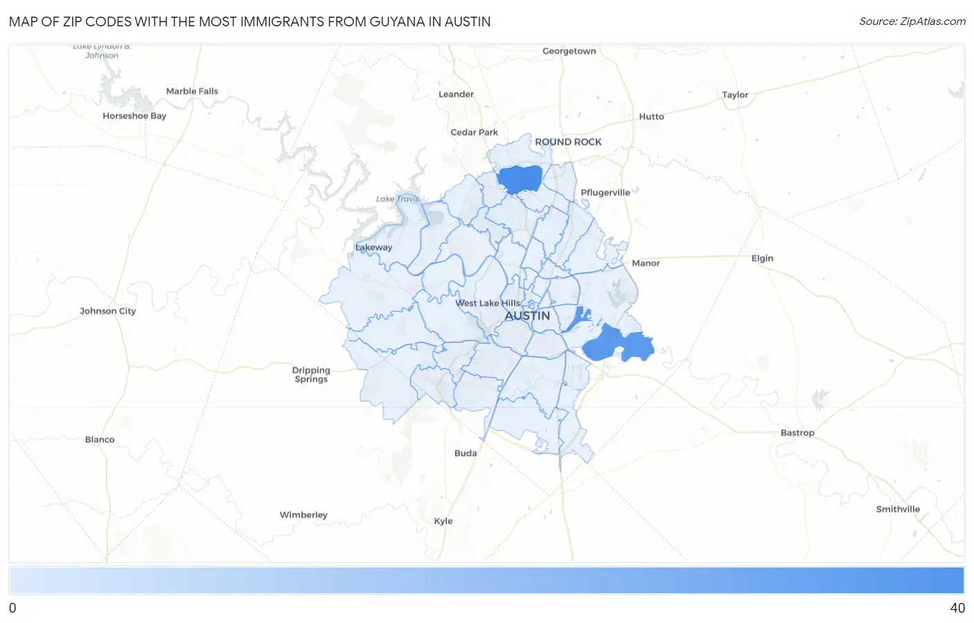 Zip Codes with the Most Immigrants from Guyana in Austin Map