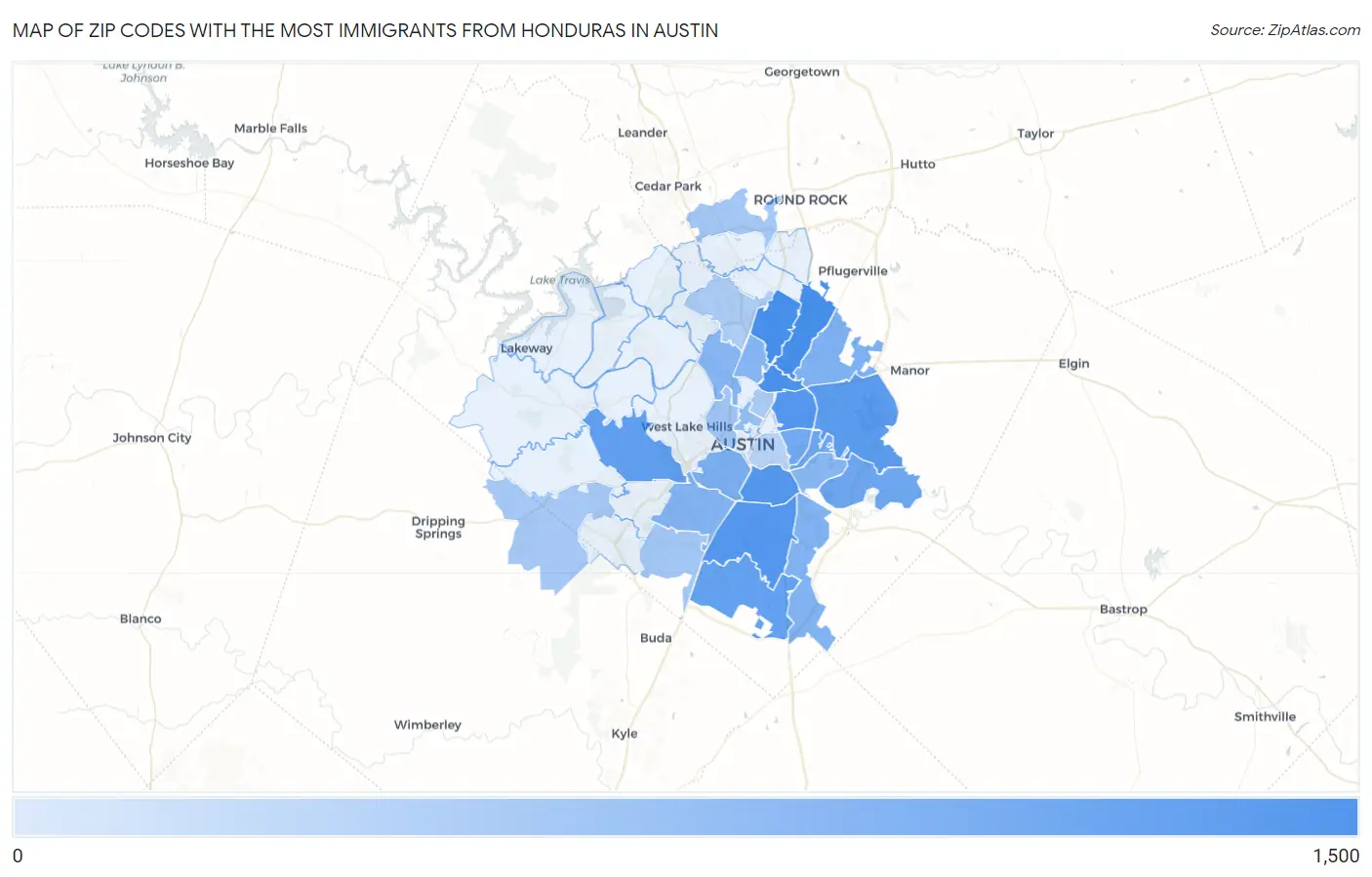 Zip Codes with the Most Immigrants from Honduras in Austin Map