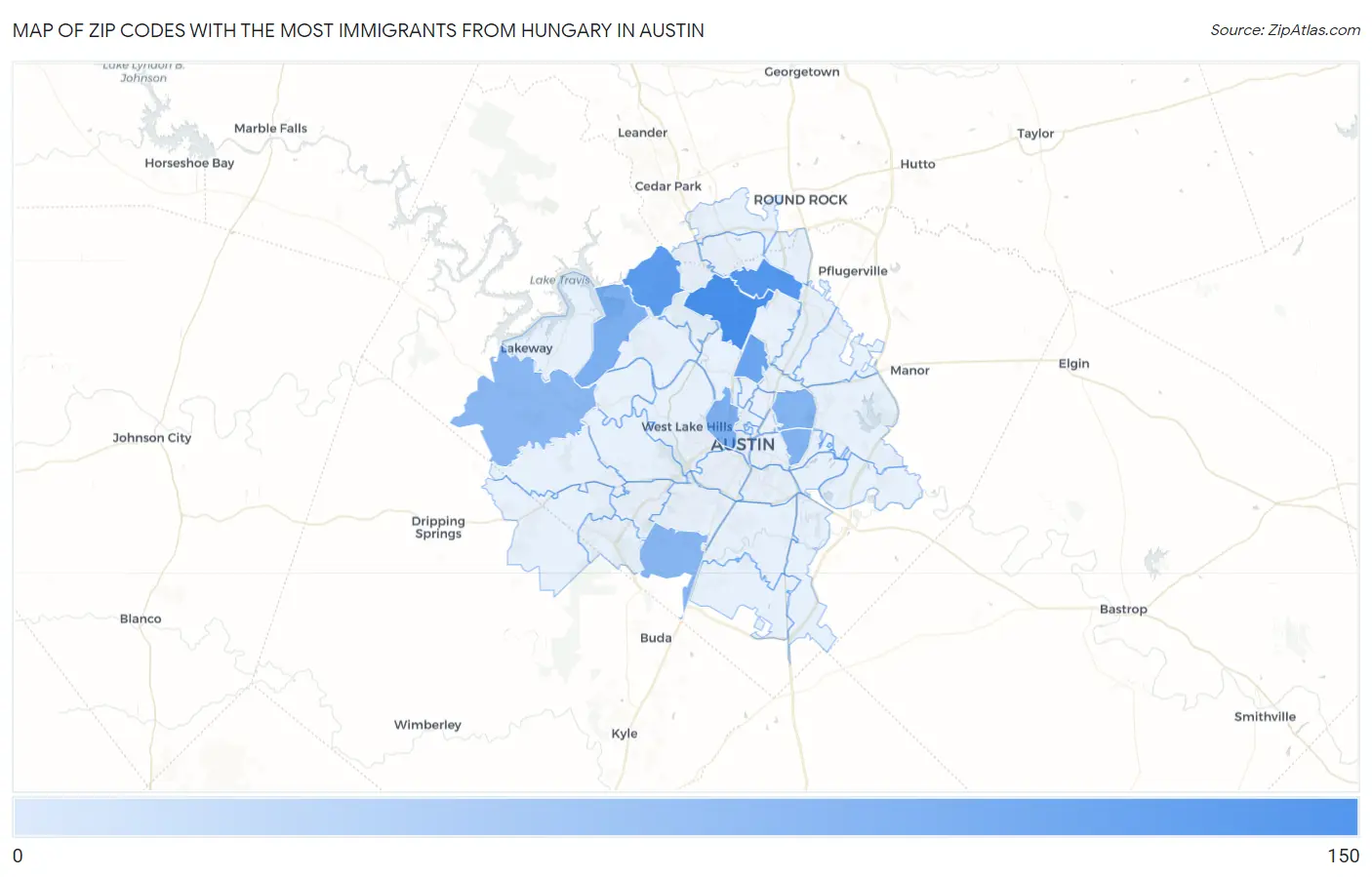 Zip Codes with the Most Immigrants from Hungary in Austin Map