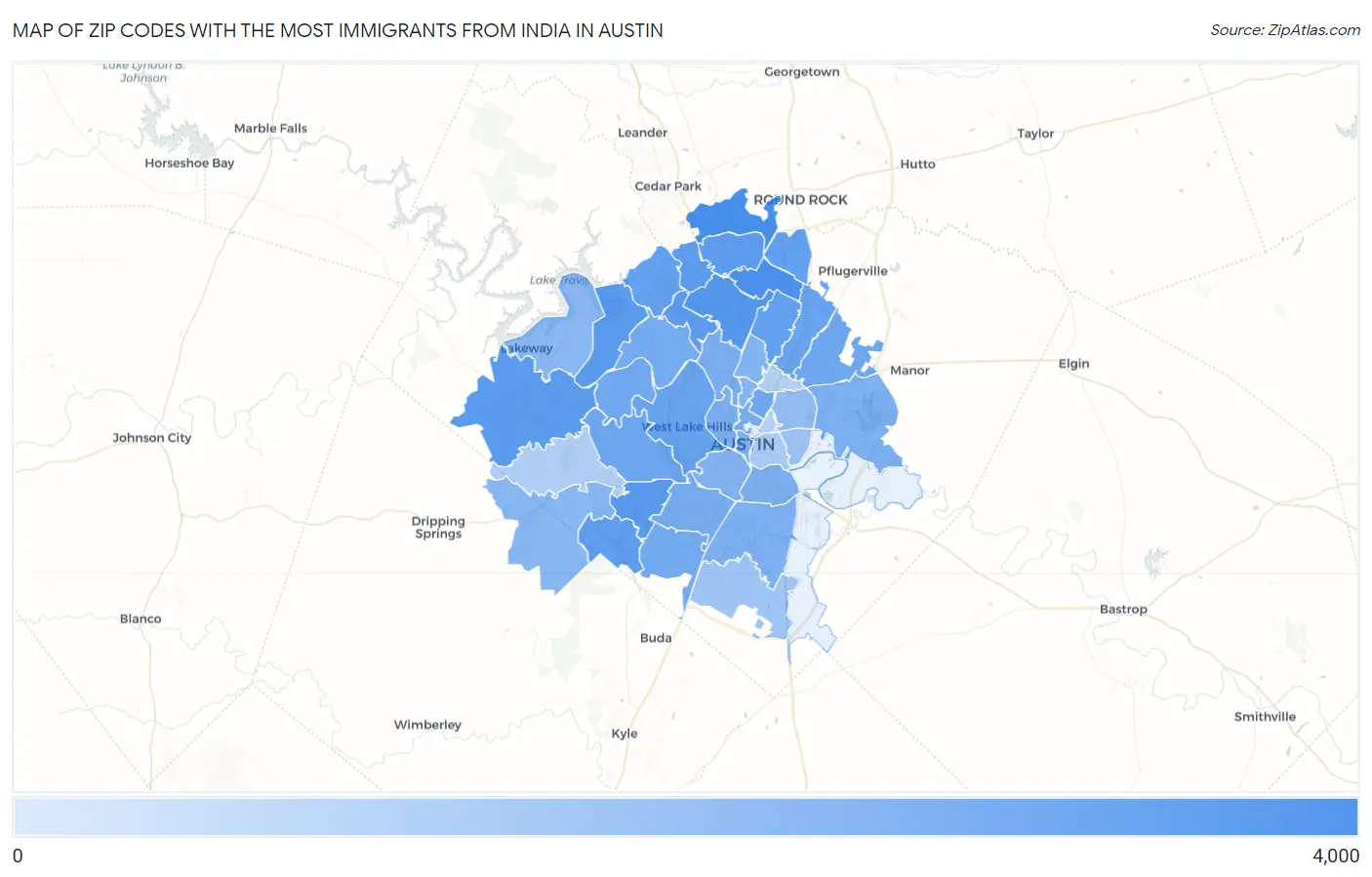 Zip Codes with the Most Immigrants from India in Austin Map