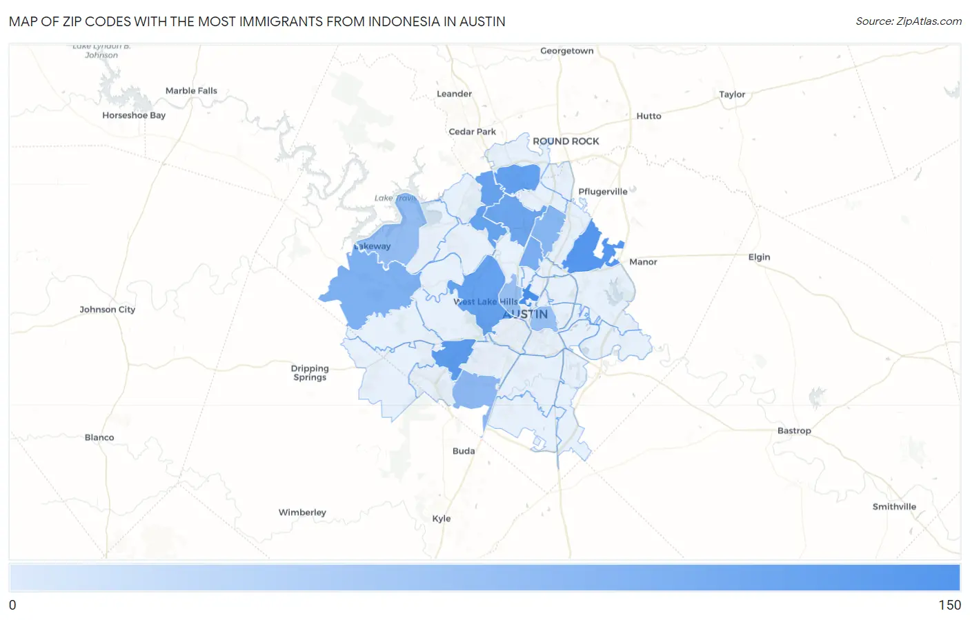 Zip Codes with the Most Immigrants from Indonesia in Austin Map