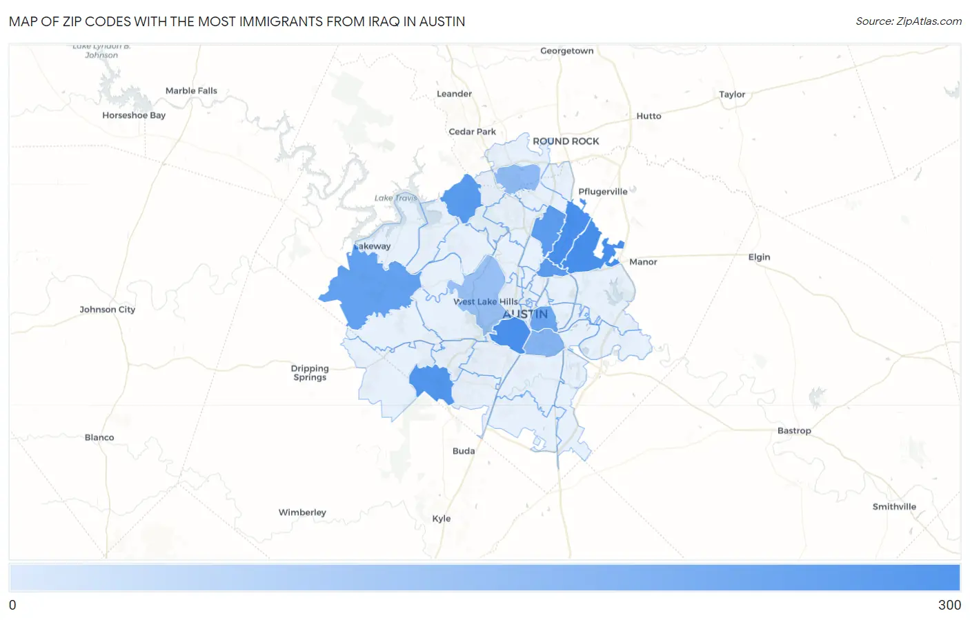 Zip Codes with the Most Immigrants from Iraq in Austin Map